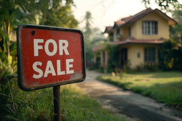House for sale. "FOR SALE" sign in front of a beautiful home, focusing on the for sale sign with a blurred background of the house exterior and landscaping.