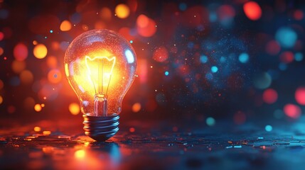 Glowing Light Bulb with Red and Blue Bokeh Background