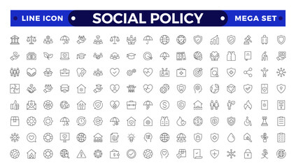Social policy Outline web icon vector illustration concept with icons of government, society, legislation, services, health care, welfare, reform, education.