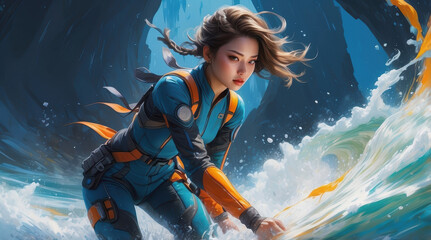Obraz premium young Asian girl in futuristic clothing is riding waves