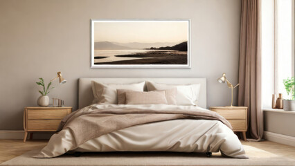 cozy bedroom interior featuring a landscape frame on the wall above the bed, creating a serene and stylish focal point