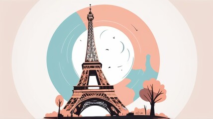 Graphic illustration of the Eiffel Tower with colorful circles in the background, birds flying, trees, and a serene ambiance