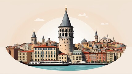 Obraz premium stylized illustration of the Galata Tower and surrounding buildings in Istanbul