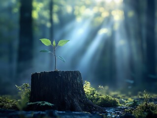 A young sapling growing from a tree stump in a misty forest, soft light beams breaking through the trees, captured with a shallow depth of field, evoking new beginnings