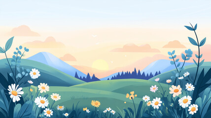 Fototapeta premium A serene landscape featuring rolling hills, blooming flowers, and soft sunset creates peaceful atmosphere. scene evokes feelings of tranquility and beauty.