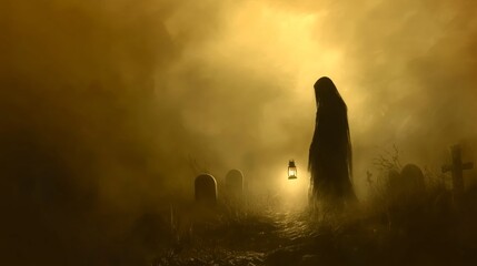 Phantom Lantern in Eerie Cemetery