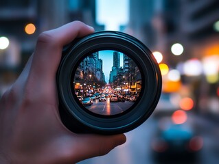 Hands holding a lens capturing a busy urban street in vivid detail, blurred bokeh lights surrounding, emphasizing focus and clarity, shot in a shallow depth of field