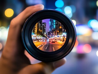Hands holding a lens capturing a busy urban street in vivid detail, blurred bokeh lights surrounding, emphasizing focus and clarity, shot in a shallow depth of field