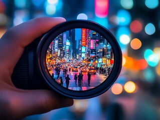 Hands holding a lens capturing a busy urban street in vivid detail, blurred bokeh lights surrounding, emphasizing focus and clarity, shot in a shallow depth of field