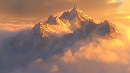 Jagged mountain peaks piercing through a sea of clouds, the highest peak bathed in warm golden light at dawn, shot from a distance, emphasizing grandeur