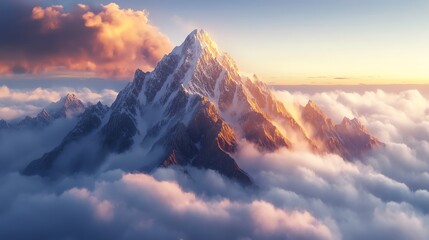 Jagged mountain peaks piercing through a sea of clouds, the highest peak bathed in warm golden light at dawn, shot from a distance, emphasizing grandeur