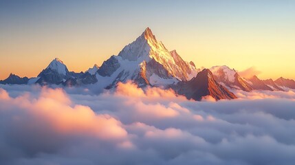 Jagged mountain peaks piercing through a sea of clouds, the highest peak bathed in warm golden light at dawn, shot from a distance, emphasizing grandeur
