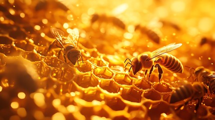 Macro shot of bees collecting nectar from golden honeycomb, intricate details of the bees and hexagonal cells, glowing warm tones, emphasizing precision and nature s harmony