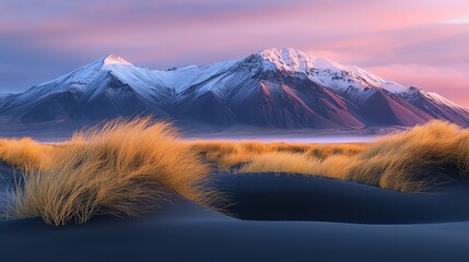 Majestic snowcapped mountains rise above black sand dunes, dried grasses swaying in the foreground, captured at sunset with soft golden light, wide panoramic shot
