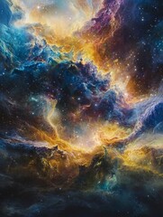 Fototapeta premium A vibrant cosmic scene depicting the birth of stars within swirling clouds of luminous gases and colorful nebulae.