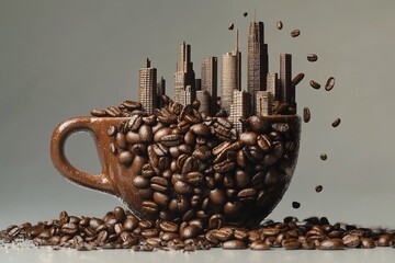 A creative blend of coffee and urban landscape, showcasing a city emerging from a cup filled with coffee beans.