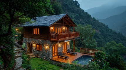 A charming retreat nestled in nature, featuring warm wooden decor and stunning mountain vistas.