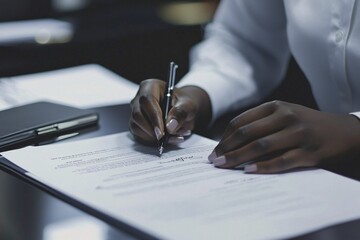 A diligent professional meticulously executing legal documents in a contemporary office, exemplifying precision and expertise.