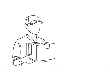 continuous single line drawing of delivery person holding parcel, line art vector illustration