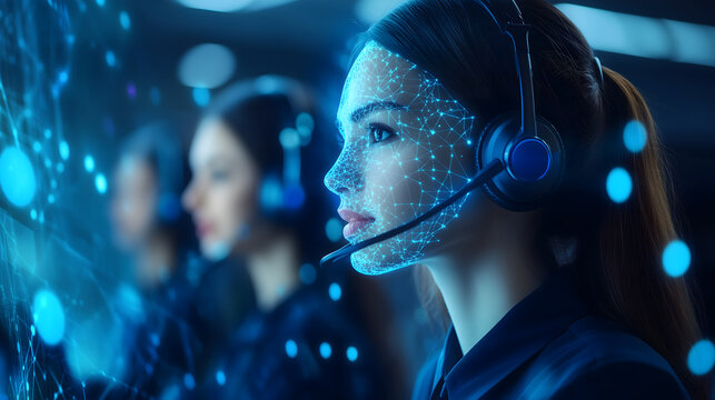 
Elevating customer service with blue technology hologram of Digital on screen network, Staff women with headsets and AI interfaces. Call center with Technology Internet and network concept