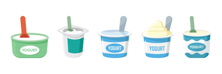 Yogurt container with a spoon icons set in flat style. Dairy product background vector illustration on isolated background. Healthy food sign business concept.