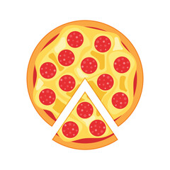 Pizza icon in flat style. Pepperoni food vector illustration on isolated background. Pizzeria sign business concept.