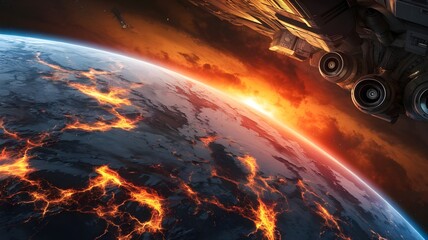 3D outline of The last seconds of the planet Earth passing on in fire, fire and magma across the whole surface. Top notch advanced space workmanship in 5K - realistic visualization.