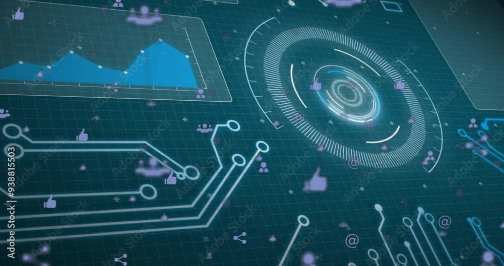 Poster data analysis animation with digital interface showing graphs and icons