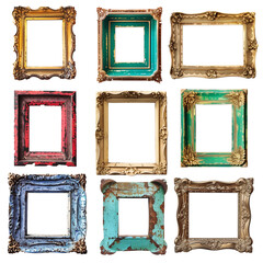 Set of vintage picture frames isolated on transparent background