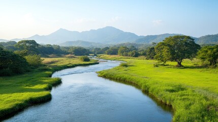Polluted river with pesticide residue visibly affecting the water and surrounding land.