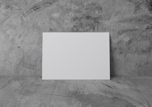 Empty white horizontal rectangle A4 paper sheet mockup on grey concrete floor and wall, 3D rendering
