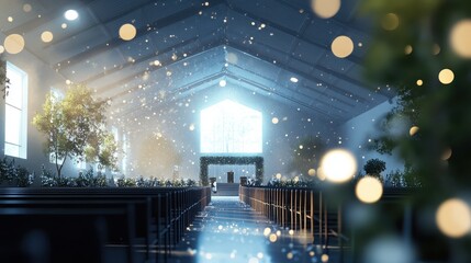 Wedding Ceremony Interior with White Bokeh Lights and Green Plants