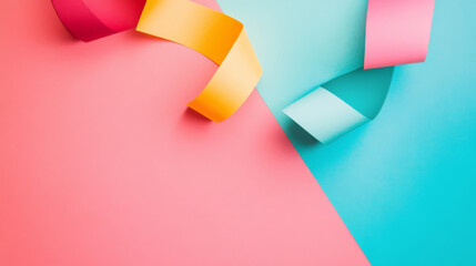 A colorful ribbon is wrapped around a pink and blue background