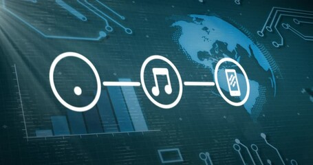 Wi-Fi, music, and smartphone icons connected over global network animation - Powered by Adobe