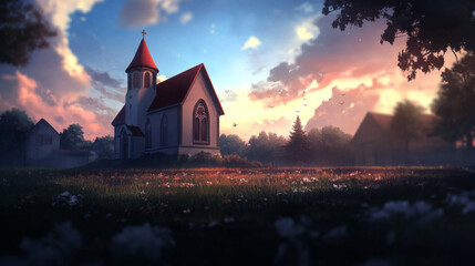 A church with a red roof and a cross on top. The sky is blue and the sun is setting