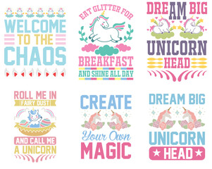 Vibrant Unicorn Phrases, Typographic Emblems Set Vector Illustration for Decal, Packaging, Advertising