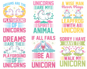 Colourful Unicorn Hand Lettering, Quotes Bundle Vector Illustration for Postcard, Packaging, Wrapping Paper