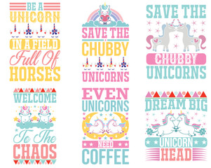 Decorative Unicorn Inscriptions, Typographic Emblems Collection Vector Illustration for Gift Card, Icon, Wrapping Paper