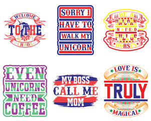 Classic Unicorn Inscriptions, Hand Lettering Pack Vector Illustration for Packaging, Postcard, Social Media Post