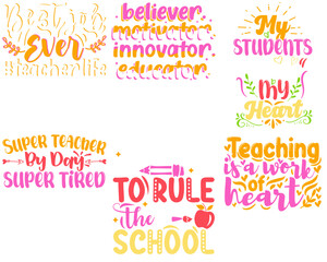 Colourful Teacher Typography, Trendy Retro Style Illustration Set Vector Illustration for Mug Design, T-Shirt Design, Poster