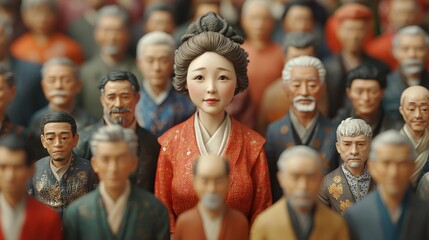 Fototapeta premium Asian Woman Figurine in Red Kimono Among a Crowd of Figures