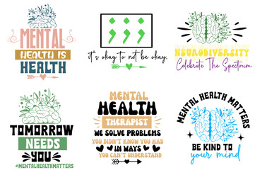 Colourful Mental Health Quotes, Hand Lettering Bundle Vector Illustration for Mug Design, Infographic, Greeting Card