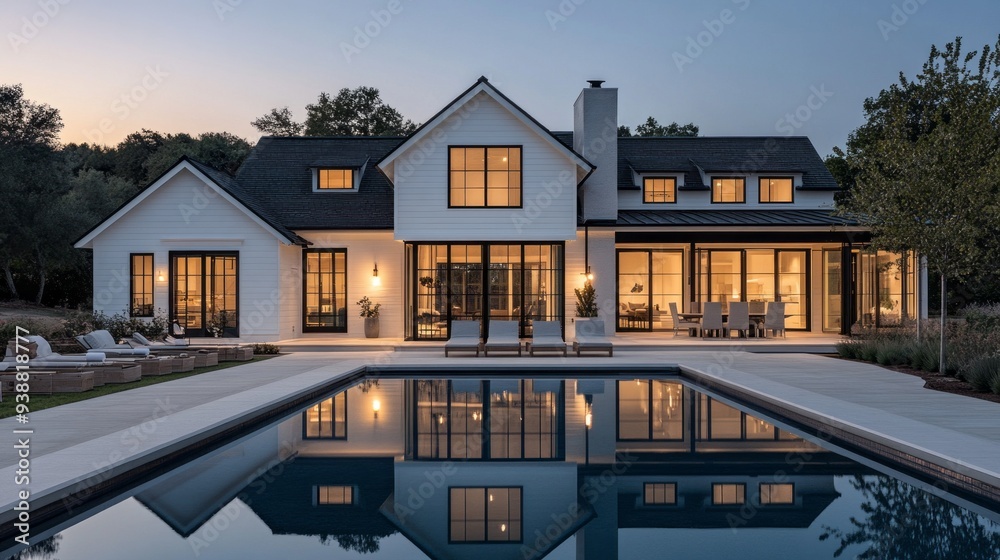 Poster A large house with a pool and a fireplace