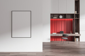 Home office room interior with desk and laptop, decoration. Mockup frame