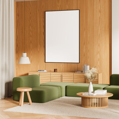 Wooden home living room interior with rest zone and drawer, mockup frame