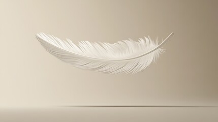 Obraz premium Single White Feather Floating in Mid Air Against a Beige Background