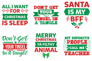 Decorative Christmas Trendy Retro Style Illustration, Inscriptions Pack Vector Illustration for Vouchers, Logo, Banner