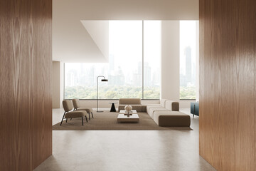Beige home living room interior with two armchairs, sofa and panoramic window