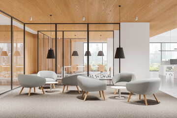 Modern office interior with rest zone, coworking and glass meeting room, window