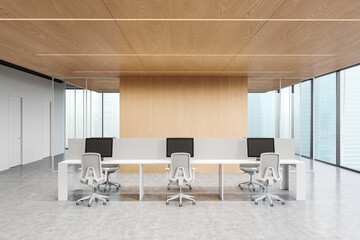 Modern coworking office space with wooden wall and ceiling. 3D Rendering
